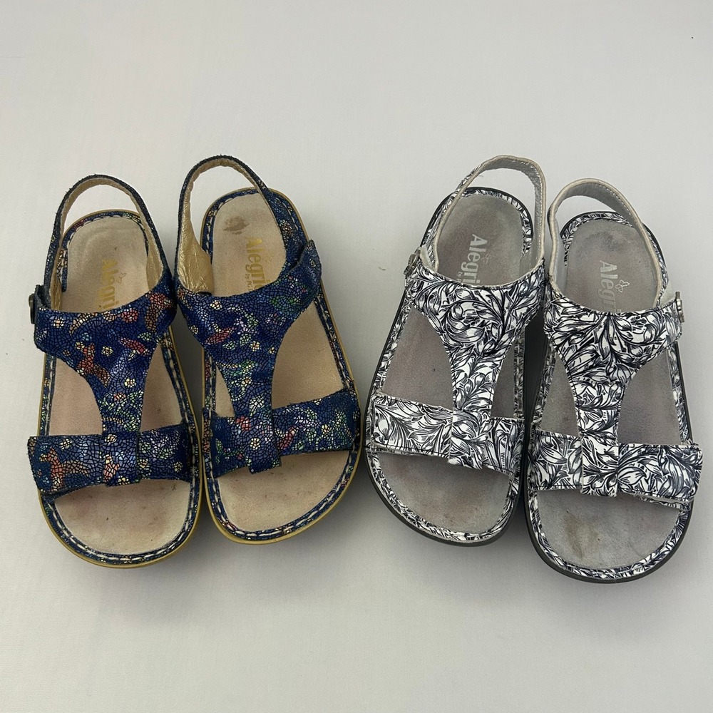 Alegria Ken Sandals Womens 38 Blue Mosaic Black White Floral Comfort 2 Pairs